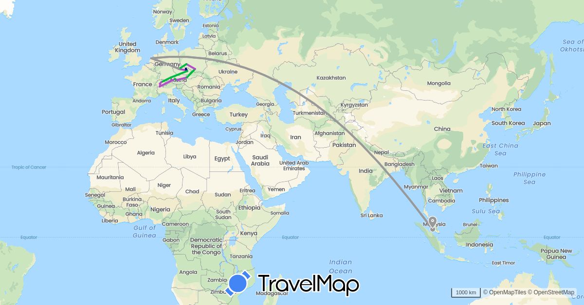 TravelMap itinerary: driving, bus, plane, train in Austria, Switzerland, Czech Republic, Germany, Malaysia, Netherlands, Poland, Slovakia (Asia, Europe)